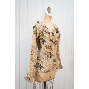 Vintage Y2K Boho Sheer Paisley Blouse, Brown Cream Lace-Up Fairy Festival Top, L